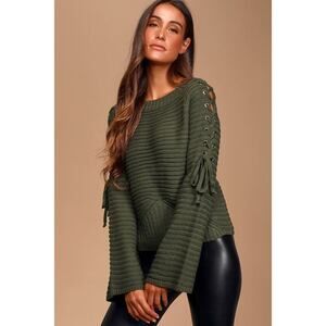 Lulus Zuly Olive Green Lace-up Long Sleeve Sweater - Size S